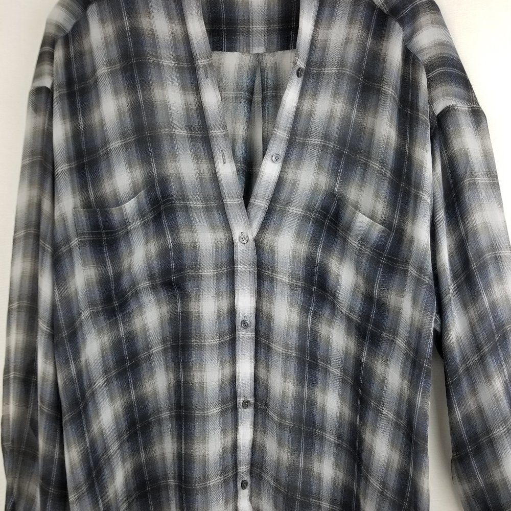Vince Twilight Shadow Plaid Silk  V-neck Long Sleeve Tunic Top Sz XL - Picture 5 of 14